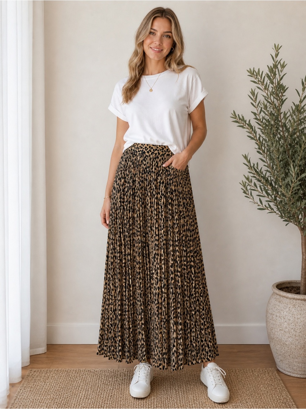 Leopard print pleated maxi skirt size s/m 100% rayon